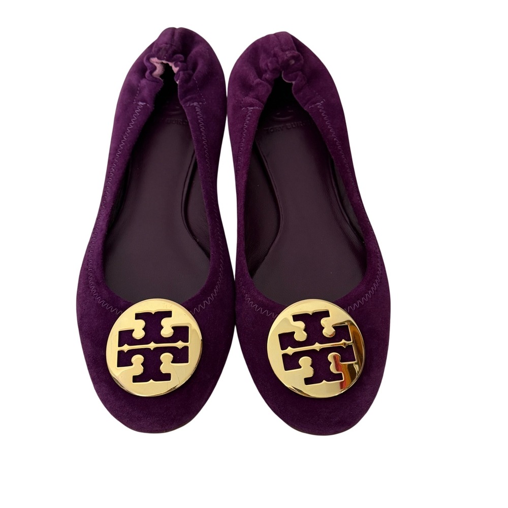 Tory Burch Reva Ballet Flats Womens 8.5 Purple Suede Gold Logo Medallion 1138003